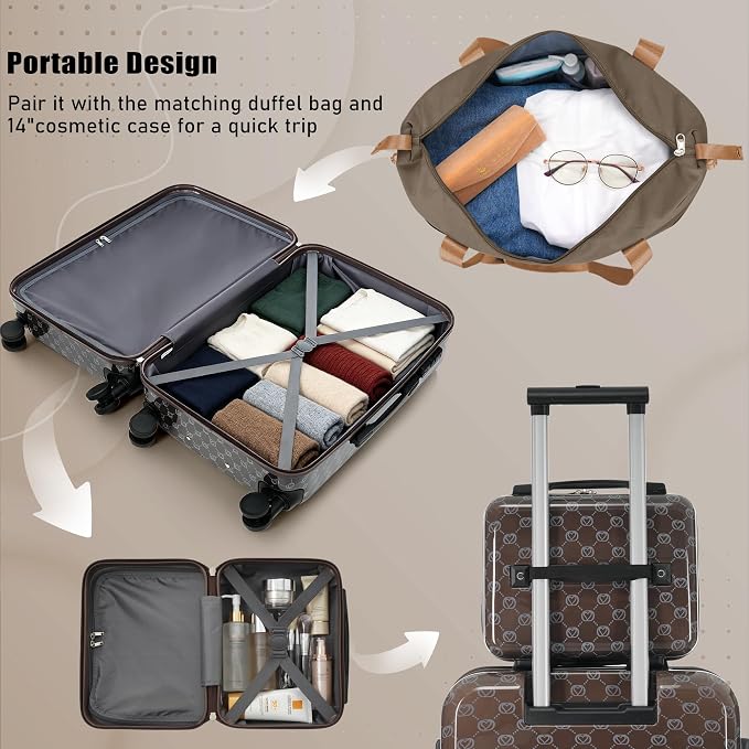 Brown 6 Piece Luggage Set Hard Shell - Checked Suitcases with Spinner Wheels & Expandable Travel Duffel Bag for Family Travel, Durable Carry On Luggage Sets with Lock & Case for Women and Men - Image 6