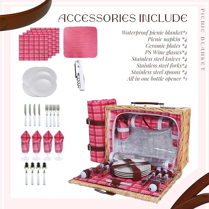Picnic Baskets Wicker Willow Picnic Set for 4 Persons with Insulated Cooler Bag and Waterproof Pink Plaid Picnic Blanket Gift for Christmas Thanksgiving Wedding Birthday Camp Outdoor Beach Travel - Image 3