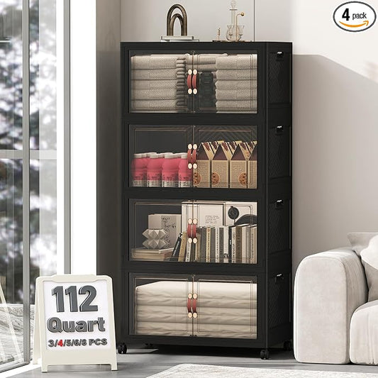 UAMFURI 448QT Lockable Storage Bins with Lids - Stackable Storage Cabinet with Doors and Wheels, Collapsible Plastic Organizer and Containers for Bedroom Dorm Office Garage, 4 Pack Cubes | Stackable Organizer with Doors & Wheels, Foldable Containers fo... by UAMFURIDirect