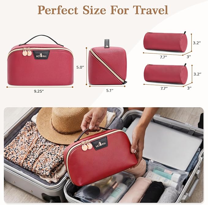 Travel Makeup Bag for Women: 3-in-1 Large Capacity Cosmetics Organizer with 2 Detachable Pouch - Vegan Leather Flat Open Toiletry Bag - Portable Travel Essentials for Full-Sized Bottles(Red) - Image 5