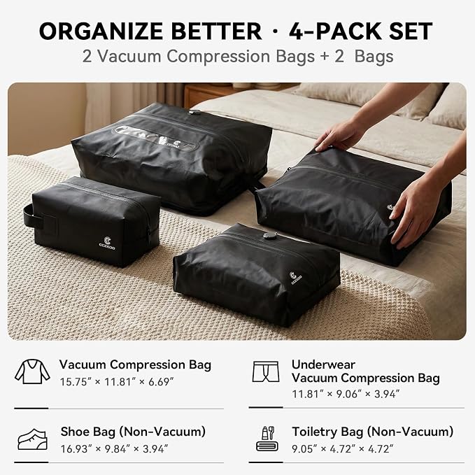 Compression Packing Cubes for Travel with Electric Pump, Vacuum Travel Organizer Set for Carry-On Luggage, Shoe Bag & Toiletry Bag, 5-Piece - Image 3