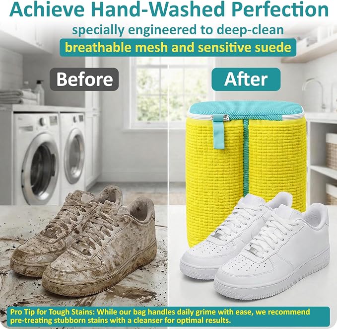Dual Compartment Shoe Washing Machine Bag, Heavy-Duty Sneaker Laundry Bags with Clasp-Lock Zipper, Thick Chenille & Reinforced Seams for Maximum Protection, Yellow/Blue, 2-Pack - Image 7