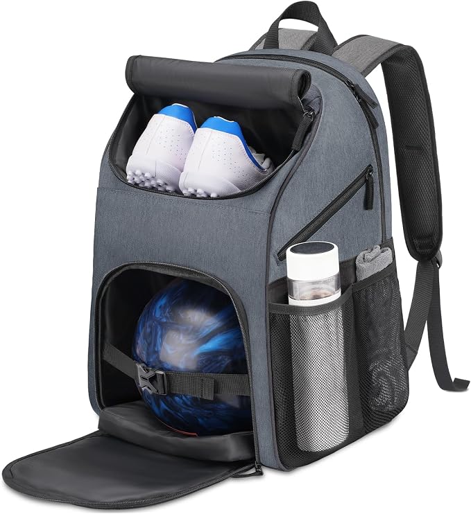 Bosynoy Bowling Backpack, Single Bowling Ball Bag with Shoe Compartment | Bowling Bag Totes with Foam Padded Protection, Fits Shoes Up to US Mens Size 16 and Accessories, Grey by Bosynoy