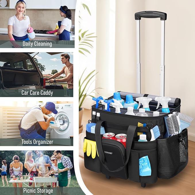 Ytonet Cleaning Caddy with Wheels, Large Rolling Cleaning Caddy Bag with Detachable Trolley for Housekeepers, Water Resistant Cleaner Supplies Organizer with Wheels for Kitchen, Car, Tool Organizer - Image 8