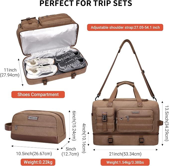 WITZMAN Duffle Bag for Men 50L Travel Canvas Weekender with Toiletry Bag | With Shoe Compartment and Dry-wet Pocket, Convertible, Carry On, One Duffel for Gym, Sports, Overnight, A8010/2 Brown - Image 5