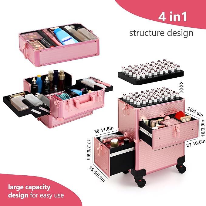 Somduy Rolling Makeup Case with Drawer, Makeup Train Case, 4 in 1Cosmetology Case on Wheels, Christmas Gift, Large Makeup Case Organizers, Profesional Cosmetic Case for Salon Barber, Light pink - Image 4