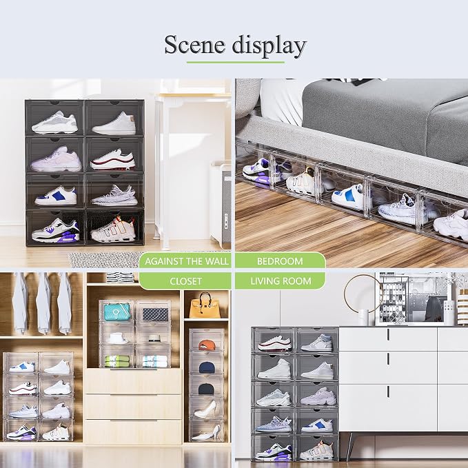 8 Pack XL Shoe Storage Box Organizer,Drop Side Large Shoe Boxes Clear Plastic Stackable Container,Magnetic Sneaker Display Case, Fit up to US 13（13.4”x 10.6”x 8.3”(8 Pack Black) - Image 3