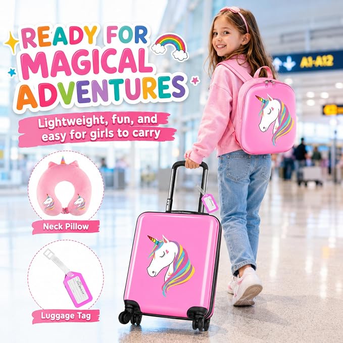 Sanwuta 4 Pcs Kids Luggage Set Back to School Gifts for Girls Boys Carry On Rolling Suitcase Backpack Neck Pillow Travel Set(17 Inch,Unicorn Style,Pink) - Image 6