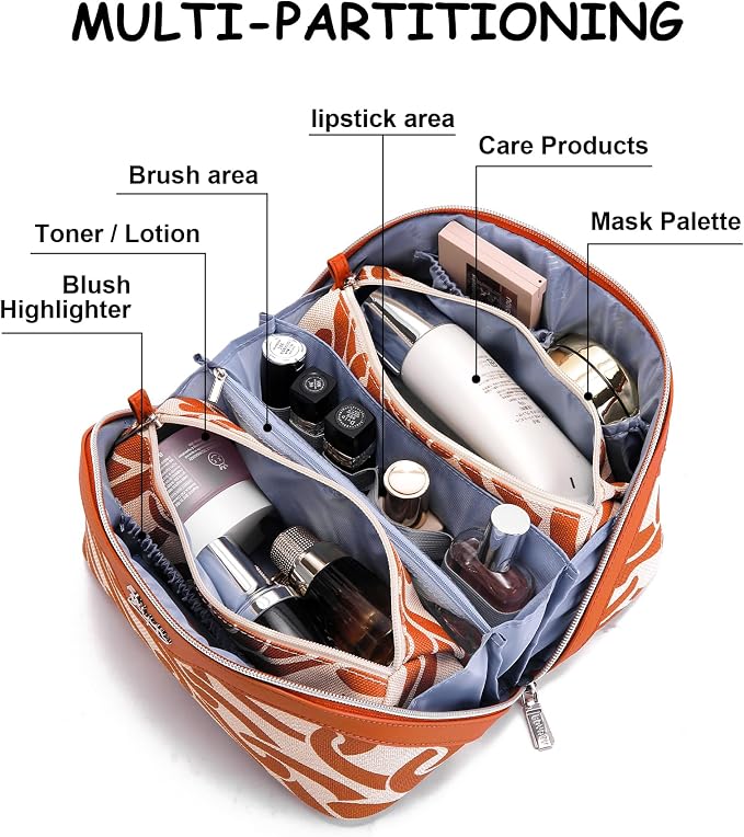 BOYATU Travel Makeup Bag for Women: Large Capacity 3-Piece Cosmetic & Toiletry Organizer - Expands Storage by 50% with 2 Detachable Pouches,Opens Flat for Easy Packing,Waterproof PU Leather(Orange) - Image 4