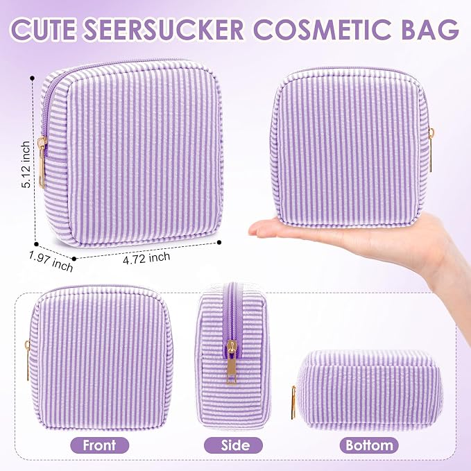Sanwuta 6 Seersucker Cosmetic Bag Bulk Striped Makeup Bag for Women Aesthetic Cute Travel Toiletry Organizer Preppy Storage Pouch for Wedding Bridesmaid Mother's Day Teacher Gift (Small,Purple) - Image 2