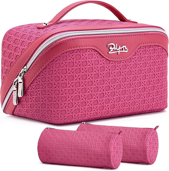 BOYATU Travel Makeup Bag Cosmetic Bags for Women: Large Capacity 3 Pcs Set Make up Bag with Compartments - Waterproof Vegan Leather Toiletry Organizer Bags with Handle (M-73Rose) by BOYATU
