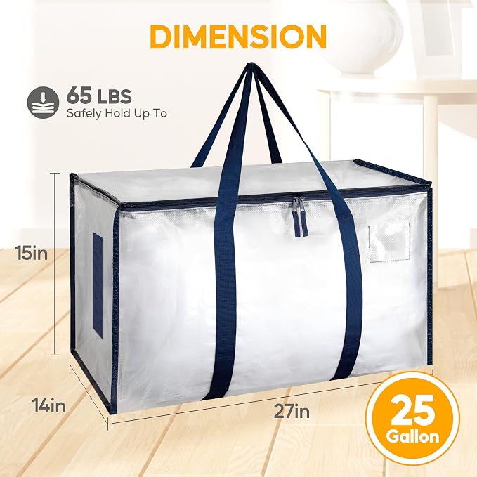 HealSmart 6 Pack Large Moving Bags with Zippers & Handles, Moving Supplies with lids, Heavy Duty Totes for Space Saving, Fold Flat, Moving and Storing, Clear - Image 2