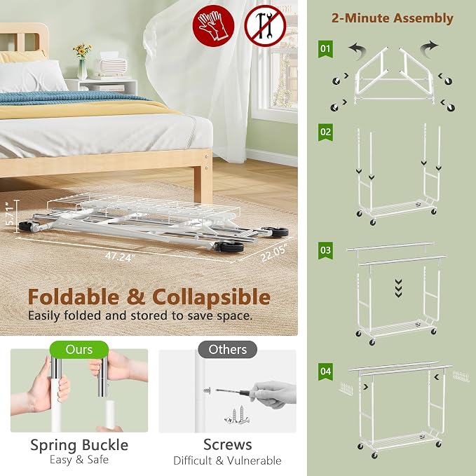 Hoctieon 2-Minute Assembly Double Rod Clothes Rack, Heavy Duty Rolling Clothing Racks with Wheels, Foldable Commercial Garment Rack, Extendable Hanging Bar, Adjustable Metal Pole with Hooks, White - Image 2