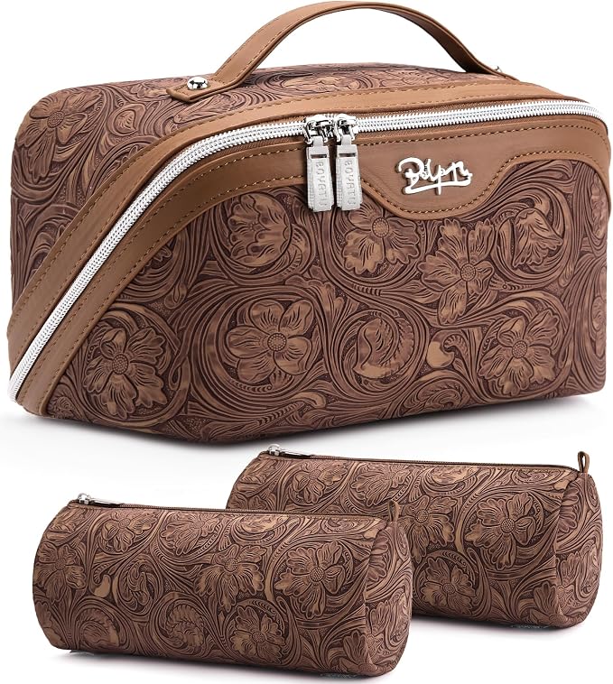 BOYATU Travel Makeup Bags Cosmetic Organizer Bag: 3 Pcs Set Large Capacity Floral Make up Bag with Compartments - Waterproof Leather Toiletry Bags with Handle for Women (19-Brown) by BOYATU