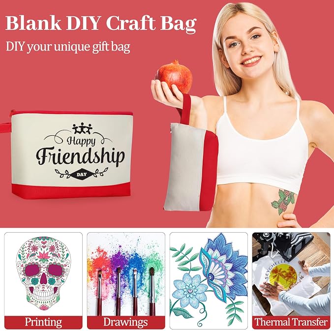Silkfly 15 Pcs Cotton Canvas Makeup Bags Cosmetic Zipper Bags 10.2 x 5.5 x 2'' Blank DIY Pouch Bulk Pencil Case with Bottom Travel Toiletry Pouch for Women Craft Decor Gift (Beige and Red) - Image 6