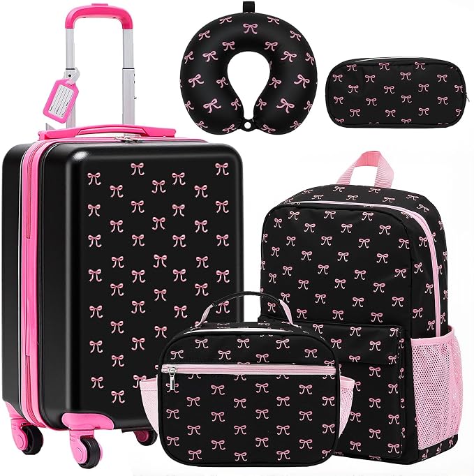 Redbaker 6 Pcs Kids Luggage Set, 17 Inch Rolling Suitcase with Backpack Lunch Bag Neck Pillow, Pink and Black Bow Travel Set for Summer Vacation Sleepover Back to School Gift by Redbaker