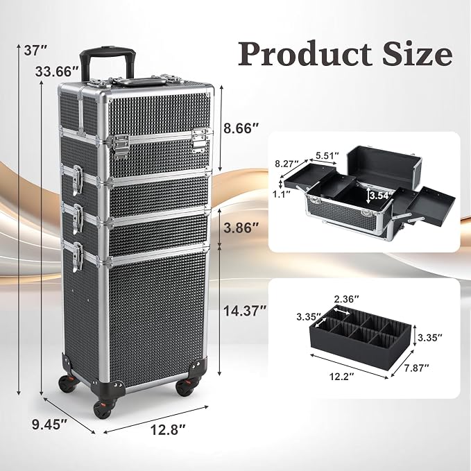 SHOWERSAFE 4 in 1 makeup train case - Professional cosmetology case on wheels, Large Transformable Makeup Train Case & Barber Case, Portable rolling makeup case & Makeup Cart, Black - Image 7