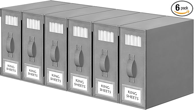 Criusia Bed Sheet Organizers and Storage, 6 Pack Foldable Linen Closet Organizer Box – Bedding Holder for Sheet Set (King/Queen Sizes), Duvet Covers, Blankets (Grey) by Criusia