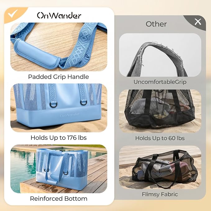 Large Mesh Beach Bag, Waterproof Bottom Tote, Structured Design Waterproof Pocket, Sandproof Pool Bag for Cruise Gym - Image 5