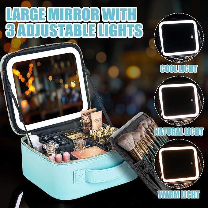 Extrei Gent Makeup Travel Train Case with Mirror LED Light 3 Adjustable Brightness Large Cosmetic Bag Portable Storage Adjustable Partition Waterproof Makeup Brushes Make up Jewelry Gift for Women - Image 5