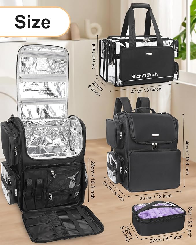 Relavel Hair Tools Travel Bag with Clear Makeup Bag, Hair Stylist BarberBag on Wheels Hairdresser Cosmetology Bag Case with Four 360 Degree Spinner Wheels, Heat Insulation Full Layer for Curling Iron - Image 5