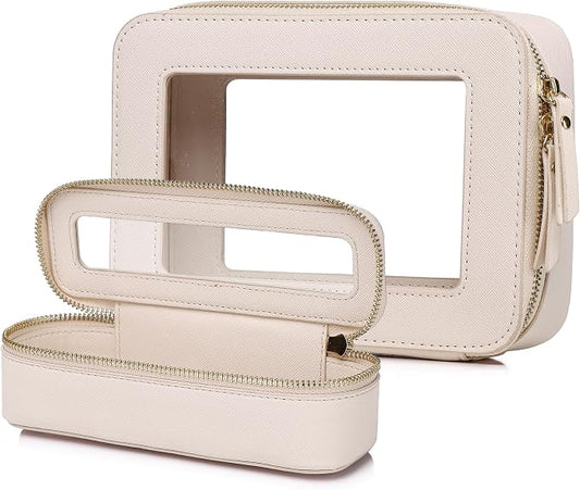 Pinkmik Travel Clear Makeup Bag with Brush Case TSA Approved Toiletry Bag Waterproof Cosmetic Organizer with Zipper Car Essential for Women (Beige, M+SLIM) by Pinkmik