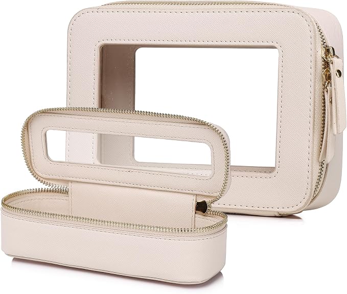 Pinkmik Travel Clear Makeup Bag with Brush Case TSA Approved Toiletry Bag Waterproof Cosmetic Organizer with Zipper Car Essential for Women (Beige, M+SLIM) by Pinkmik