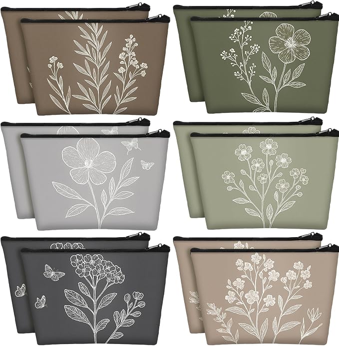 Sweetude 12 Pcs Vintage Boho Flowers Makeup Bag Bulk Boho Gifts Portable Travel Cosmetic Bags with Zipper Retro Floral Waterproof Roomy Travel Toiletry Organizer Storage Beauty Pouch for Women Gifts by Sweetude