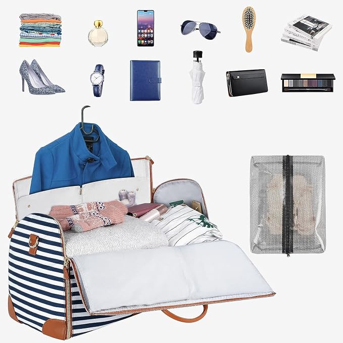 Ytonet Large Convertible Garment Bags for Travel, Waterproof Carry On Duffle Bag with Shoe Pouch, 2 in 1 Hanging Suitcase Suit Travel Bags, Gifts for Women, Royal Blue Stripe - Image 2