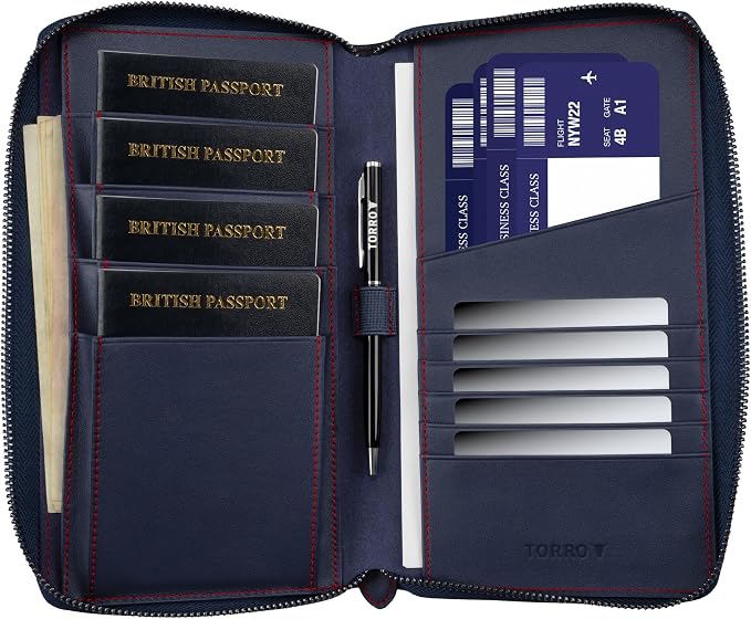 TORRO Premium Leather Family Travel Wallet, RFID Blocking Travel Organizer, Family Passport Holder for 4 Passports, Travel Documents and Cards (Navy Blue) - Image 2