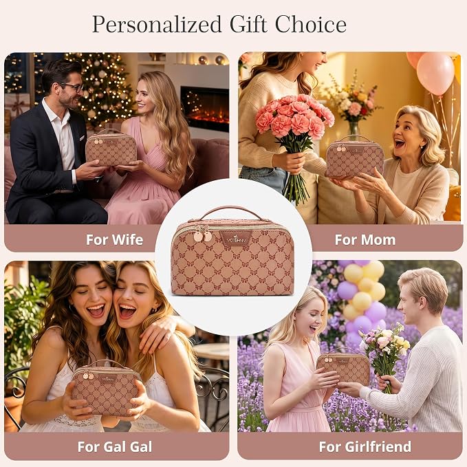 Travel Makeup Bags for Women: 3 Pcs Set Luxury Bow Print Make up Bag - Large Capacity Cute Cosmetic Case - 3–15 Day Travel Toiletry Organizer Bag, Comes with An Gift Box(Cocoa Brown) - Image 5