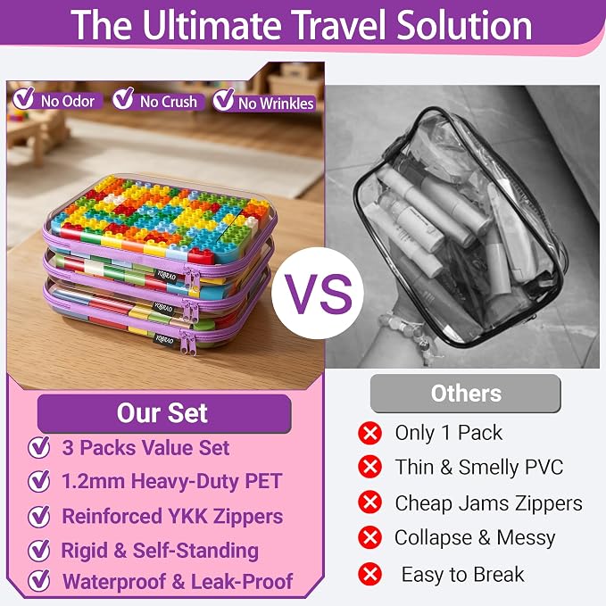 YQBRAO 3-Pack Large Clear Hard Shell Zipper Case, 1.2mm Ultra-Thick Rigid Toy & Closet Organizer, Heavy-Duty Diaper Bag Pouch Set with YKK Zippers, Waterproof Travel Storage (Purple) - Image 2