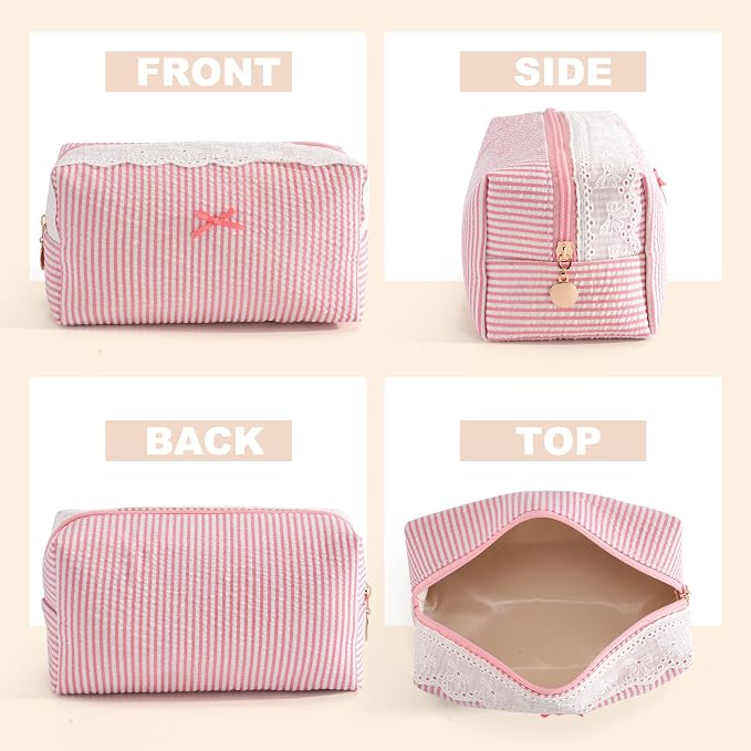 Makeup Bag Travel Toiletry Bag for Women, Small Cosmetic Bags with Lace Trim Cute Blush Stripe Aesthetic Organizer Makeup Pouch for Purse Emergency Bag Pencil Case Accessory Bag - Image 3
