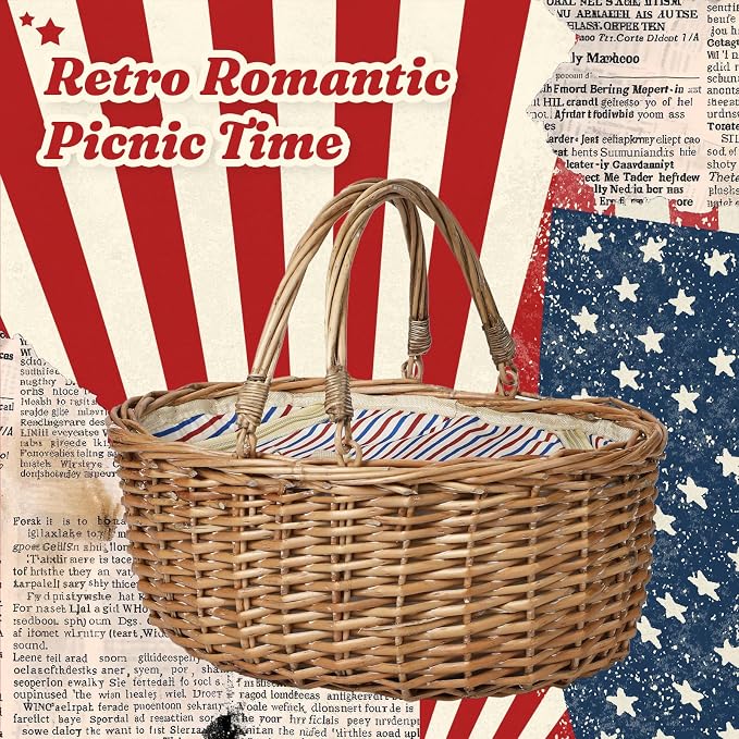 Wicker Picnic Basket with Insulated Lined Bag 15“ x 11” x 7“ Red, White,Blue Star Stripe Pattern, Iced Beer Insulated Bag for Camping, Picnics, Birthday Gifts, Wedding Gifts - Image 9