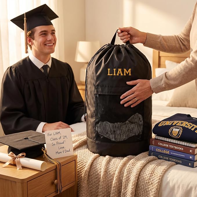Personalized Laundry Bag Heavy Duty Custom Graduation University XL Bag Backpack with Hanging Shoulder Strap & Mesh Pocket - Back to School College Graduation Gift - Choose Your Font & Thread Color - Image 2