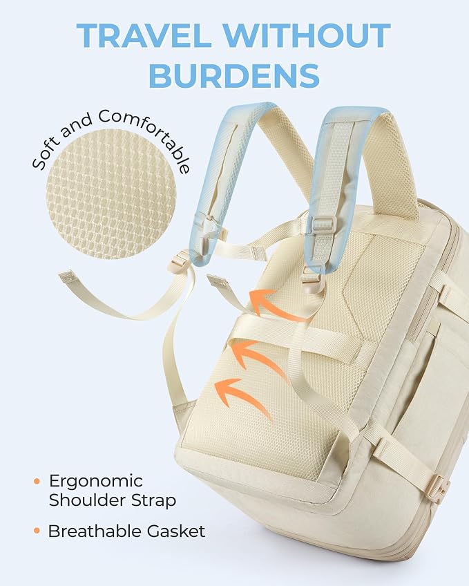 BAGSMART 37L Expandable Travel Backpack Compression Carry On Daypack | Warm Beige weekender bag fits 17" laptop. Water resistant luggage with packing cubes and shoe pouch. - Image 6