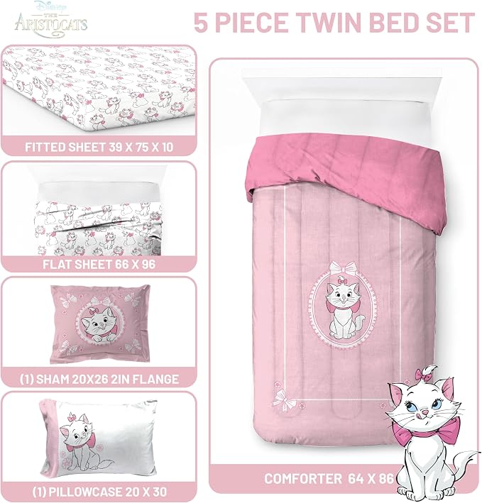 Disney Aristocats Marie Twin Comforter Set 5 Piece Kids Bedding, Pink | Bed in a Bag, Comforter Sheets Sham Pillowcase, Official Brand, Soft Microfiber, Machine Washable, Easy Care, Girls Gift - Image 3