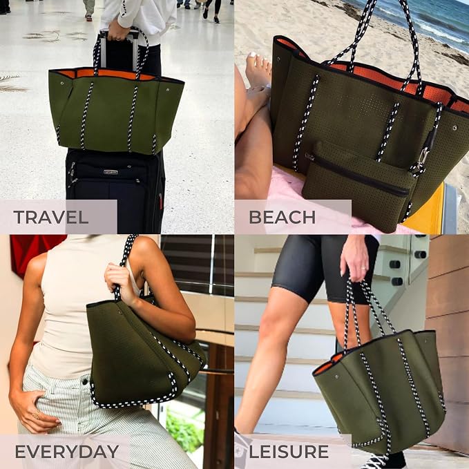 POPUPS Large Neoprene Tote Bag for Women - Everyday Designer Handbag for Travel Work and Beach with Pockets and Zipper Pouch - Image 2