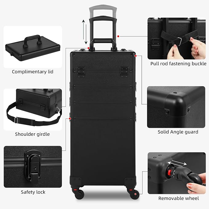 Somduy Rolling Makeup Case, Makeup Train Case with Lid, 5 in 1 Cosmetology Case on Wheels, Christmas Gift, Large Makeup Organizers, Profesional Cosmetic Case for Salon Barber, Black - Image 3