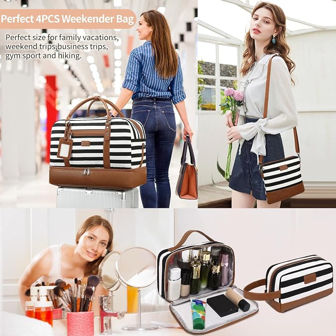 Wogarl 4PCS Weekender Bags for Women Large Overnight Weekend Travel Duffel Carry on Shoulder with Shoe Compartment Canvas Toiletry Bag for Travel Business Gym - Image 2
