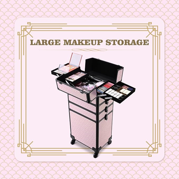 BYOOTIQUE Rolling Makeup Case 4in1 Cosmetology case on wheels Makeup Artist | Aluminum Rolling Makeup Suitcase with 360° Detachable Wheel Lockable 54Lb Large Capacity Organizer Nail Tech AD Bloom - Image 2