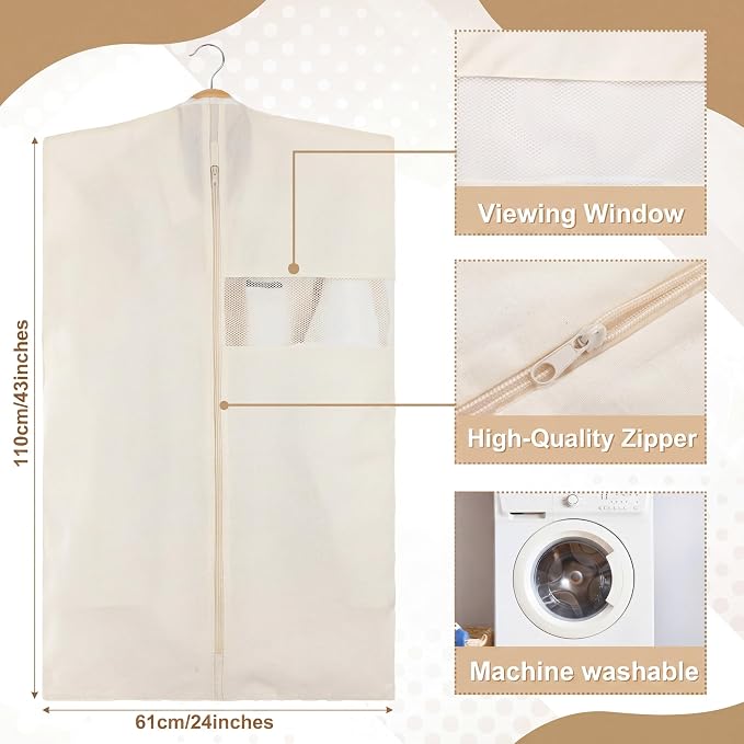 Aliceset 6 Pcs 43 Inches Cotton Garment Bags for Hanging Clothes Canvas Suit Bags for Clothes Coats Jackets Shirts Closet Storage Travel Gusseted Hanging Garment Cover - Image 2