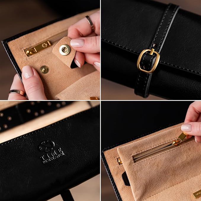 Time Resistance Leather Jewelry Roll - Full Grain Leather Travel Jewelry Case - Jewellery Organizer Made in Italy (Black) - Image 5