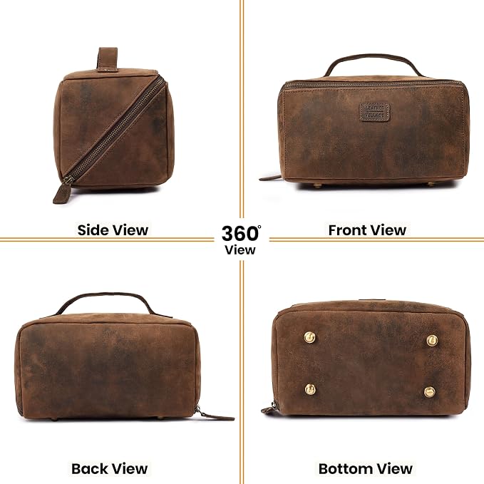 LEATHER VILLAGE Genuine Leather Travel Dopp Kit for Men & Women – Open Flat Large Capacity Cosmetic Bag with Water-Resistant Lining – Skin Care, Brushes, Shaving & Bathroom Essentials Organizer- Brown - Image 5