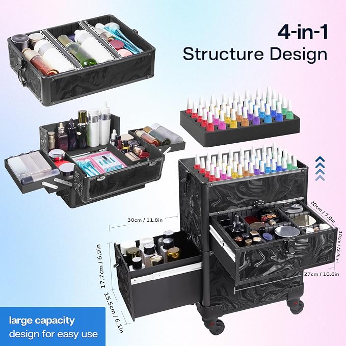 Somduy Rolling Makeup Case with Drawer, Makeup Train Case, 4 in 1Cosmetology Case on Wheels, Christmas Gift, Large Makeup Organizers, Profesional Cosmetic Case for Salon Barber, Pattern Black - Image 5