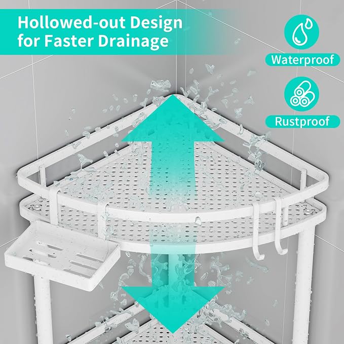 HapiRm Standing Corner Shower Caddy - 2 Tier Shower Organizer Corner with Soap Holder and 4 Hooks, Rustproof Bathroom Storage Shelves with Adhesives, White - Image 4