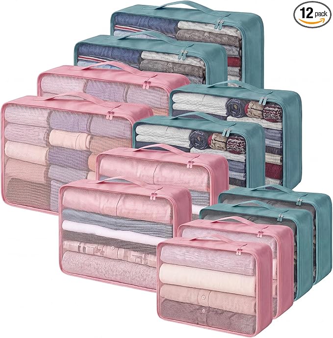 Silkfly 12 Pcs Packing Cubes for Suitcase Travel Luggage Bags Bulk Mesh Organizer Set for Hiking Camping, XL, L, M Size(Pink, Gray Blue) by Silkfly