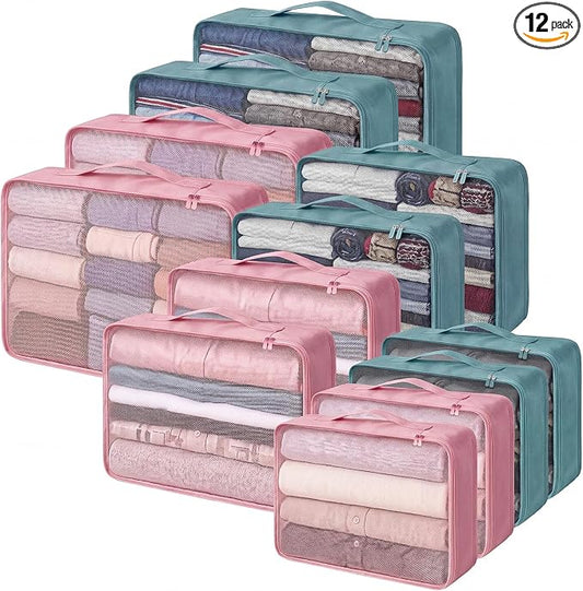 Silkfly 12 Pcs Packing Cubes for Suitcase Travel Luggage Bags Bulk Mesh Organizer Set for Hiking Camping, XL, L, M Size(Pink, Gray Blue) by Silkfly