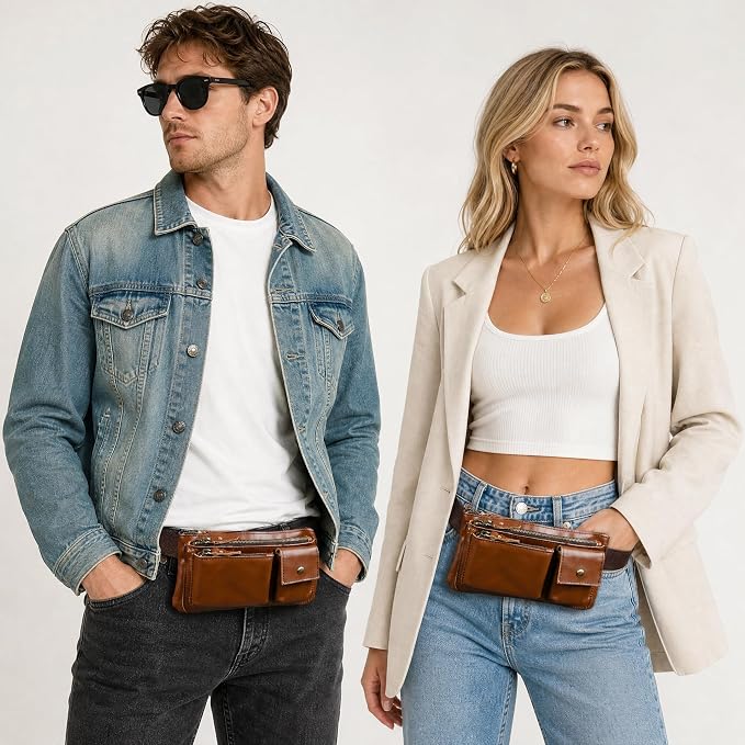 Water Resistant Canvas + Leather Hiking Riding Travel Fanny Waist Pack Small Phone Pouch For Men Women FB811-29 (100% Leather-C-Wine) - Image 2