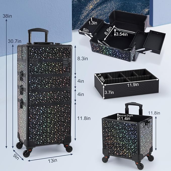 Stagiant Rolling Makeup Case Cosmetology Case on Wheels 4 in 1 Large Makeup Travel Case Nail Kits Organizer Train Case with Key Make Up Artist Salon Storage Traveling Cart Trunk Black Star - Image 5